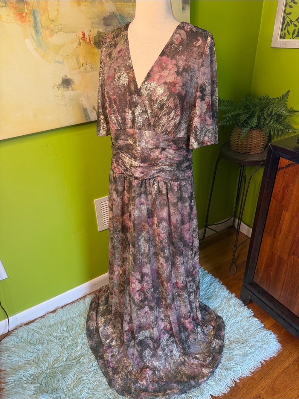 SLNY Metallic Floral Wrap-Style Maxi Dress in Pink and Gray